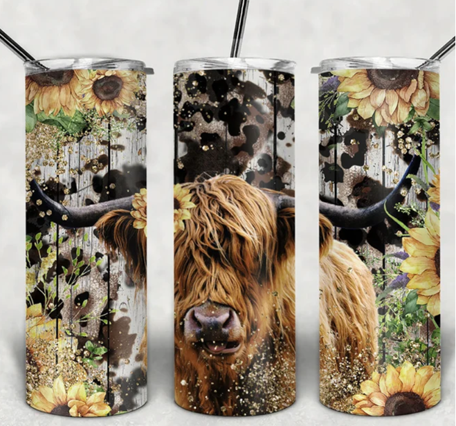 Skinny Tumbler 20 oz. - Scottish Highland Sunflower